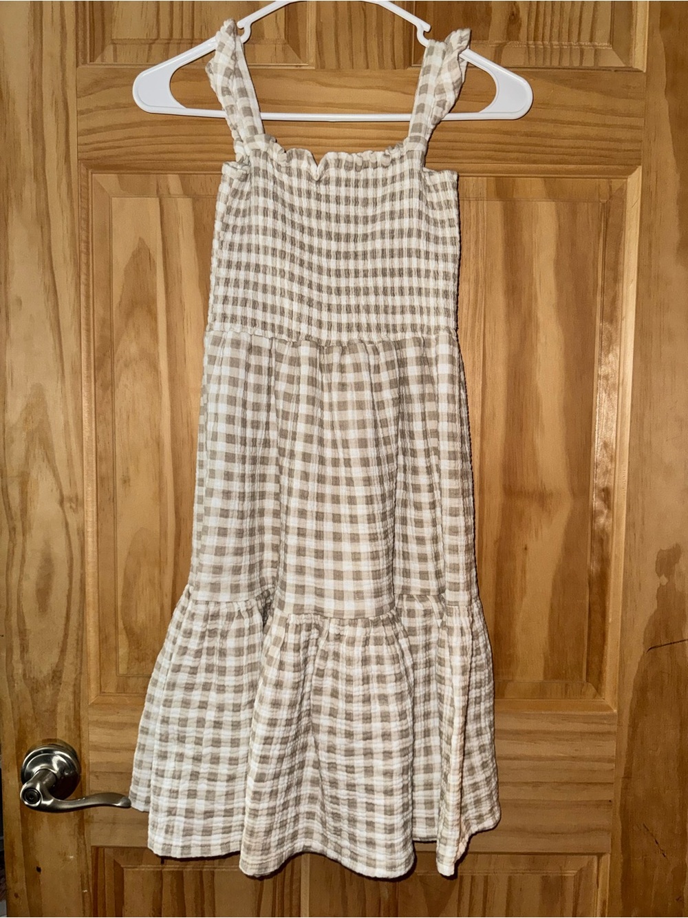 Alice + Ames Girls Size 7 Taupe Gingham Smocked Tiered Midi Dress Ruffle Straps